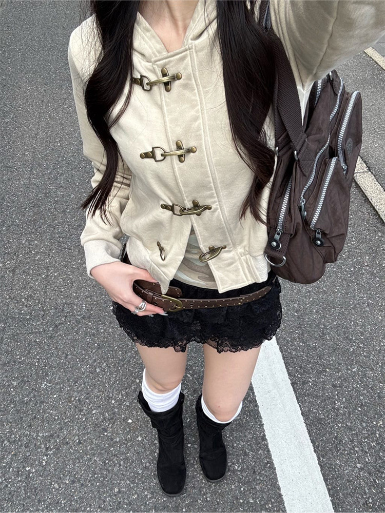 Cross-border Korean-style niche camouflage hooded short jacket for women with metal buckle, high-waisted, cropped sweatshirt B 3d