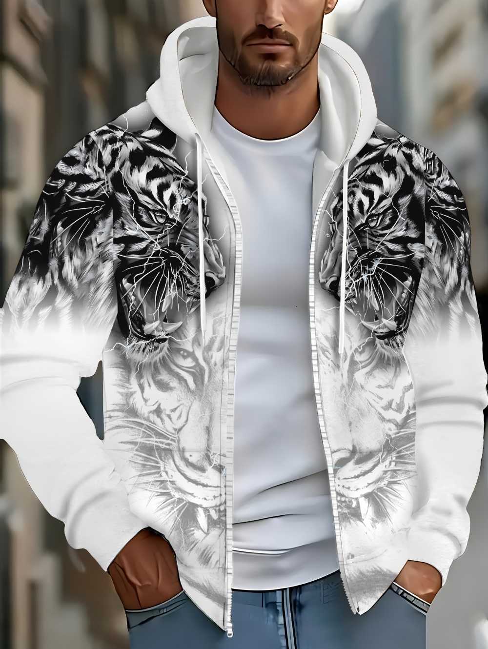 Mens Christmas hoodie Long 2025 Sleeve Zip up Tiger Graphic Hoodie Casual Outdoor Fashion Coat with Drawstring and Pockets Zipup Hoodie for Man C260