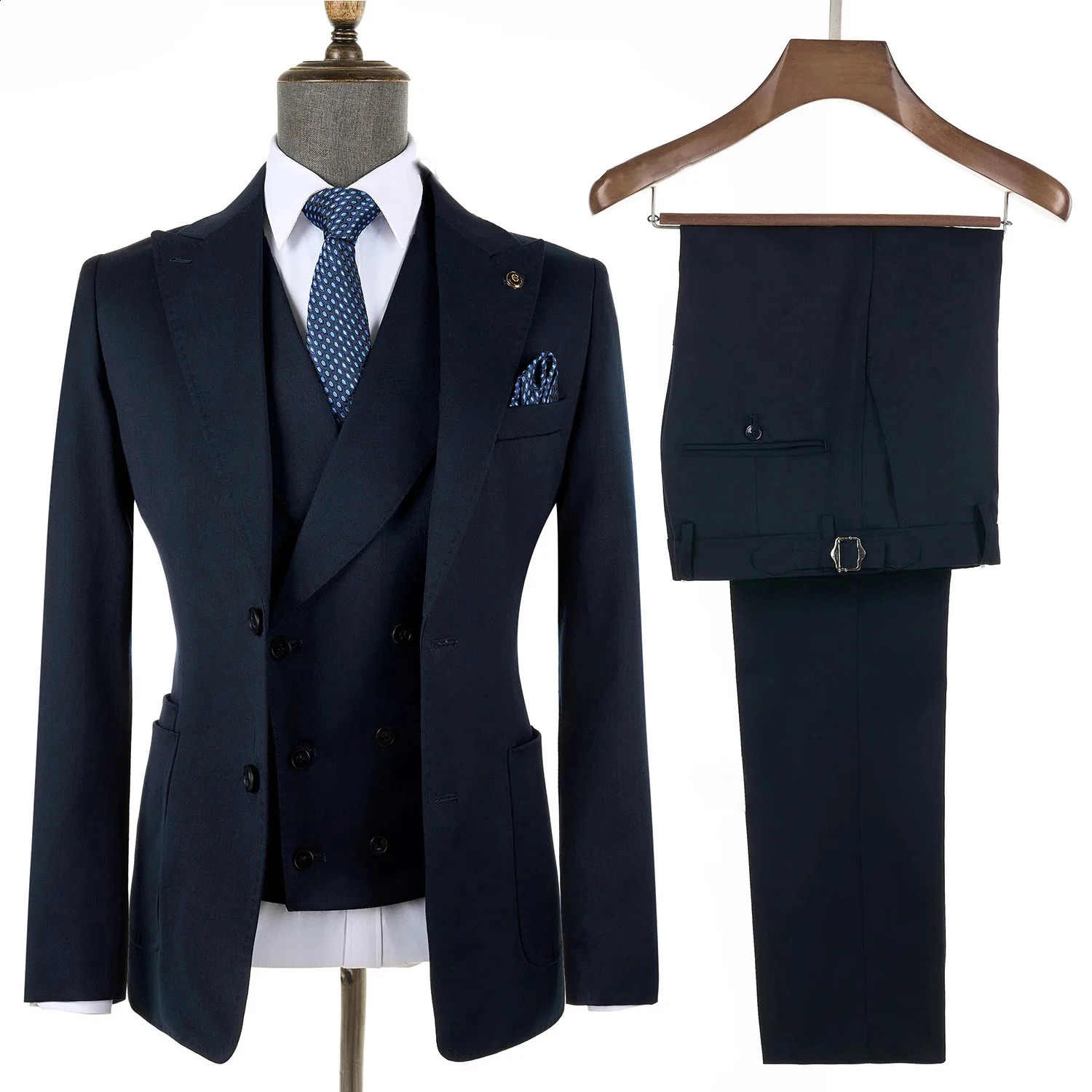 Men Suits Navy Blue Black Stripe with Patch Pocket Meeting Wedding Daily Use Blazer Vest Pants 3 Pieces Set 260918