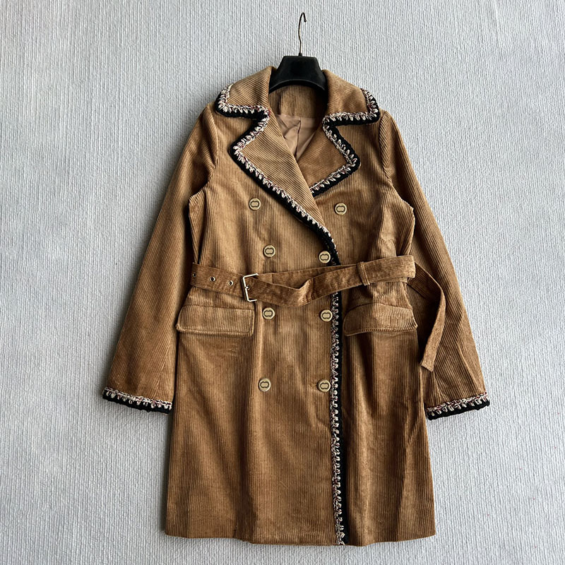 Vintage Corduroy Trench Coat Women Double Breasted Belted Long Jackets High Waist Wide Leg Pants Retro Elegant Brown Outfits for Women