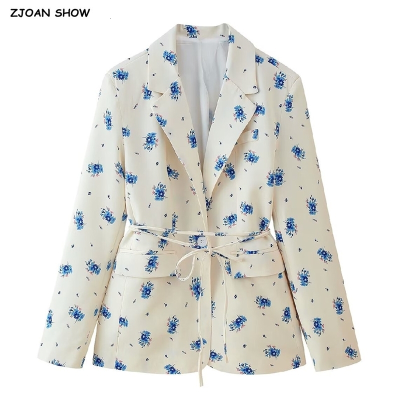 Spring Autumn Lacing Up Bow Sashes Beige Floral Print Blazer Boyfriend Vintage Women Front Pockets Loose Suit Fashion Coat 260917