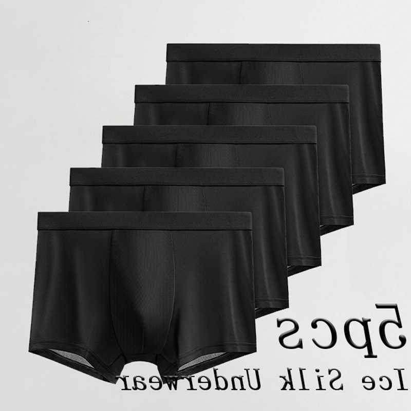 5Pcs Set Of Black Underpants Ice Silk Men's Breathable Underwear Sexy Sports Elastic Underwear Men's Personalized Solid Color Underwear D2