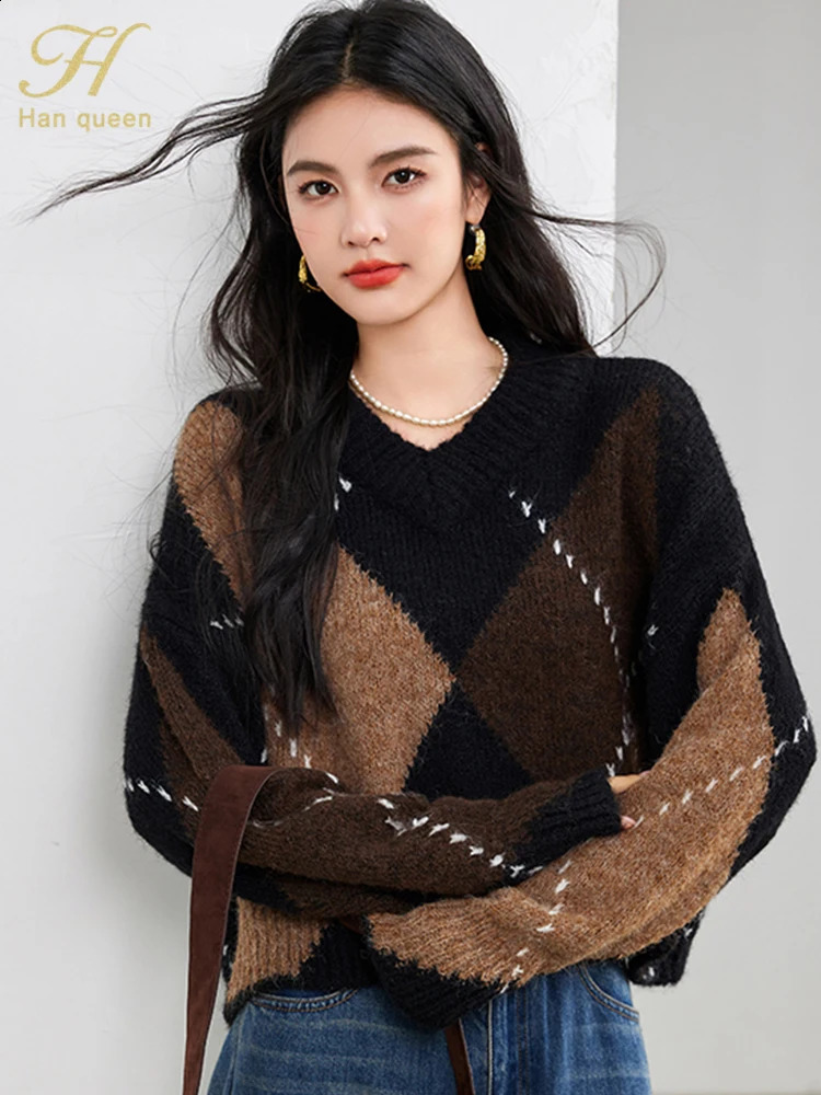H Han Queen Winter Warm Thickened Lazy Diamond Plaid Loose Elastic Knit O-Neck Knitted Bottoming Women's Pullover Sweaters 260917