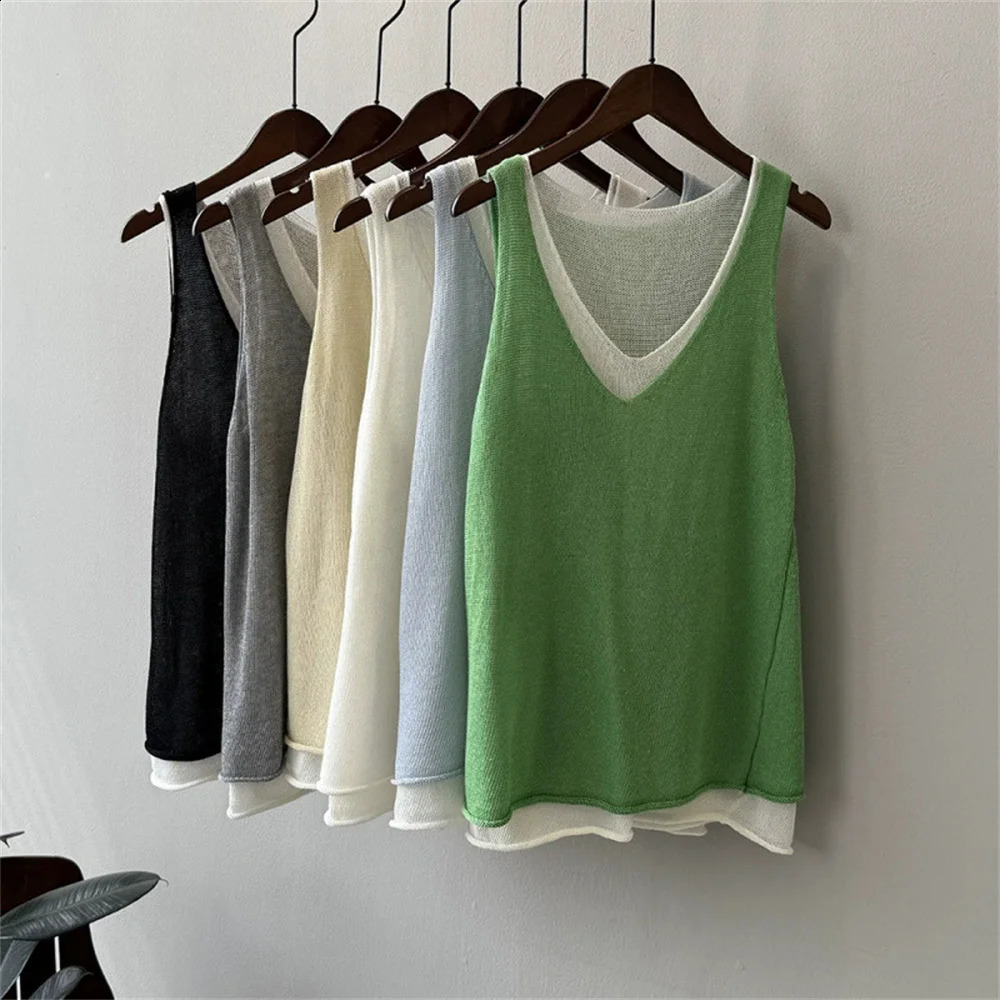 Women Summer Vneck Shoulder Top Vintage Oversized Sweater Shirt 2025 Korean Fashion Pullover Twopiece Knit Tank Tops 260916