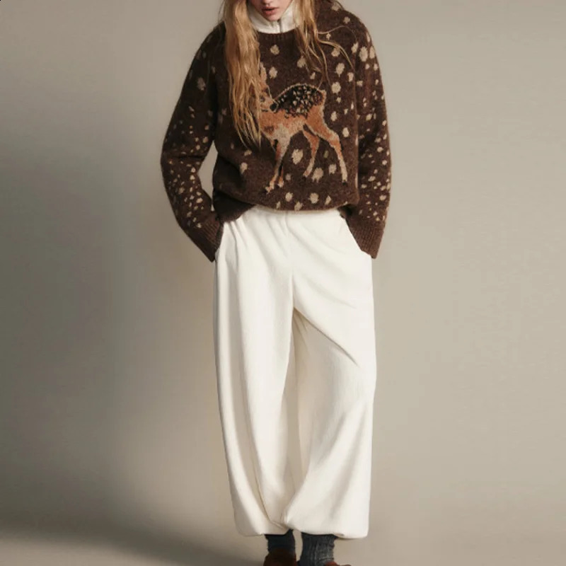 Women Retro Deer Pattern Dot Round Neck Knit Sweater Brown Full Sleeve Loose Top Chic Autumn Winter Lady Daily Street Outerwear 260917