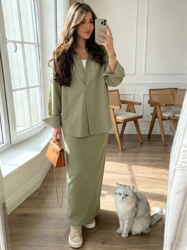 Solid Color Loose Shirt Long Skirt Lady Set Single Breasted Long Sleeve Shirts High Waist Half Skirts Casual Commute Women Sets 260917