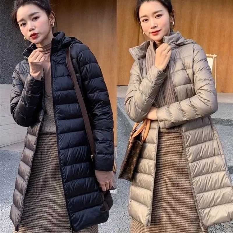 Winter Women Slim Down Coats Remove Hooded Parka Solid Color Female Long Light Thin Outerwear Lady Fashion Warm Puffer Jackets H260917