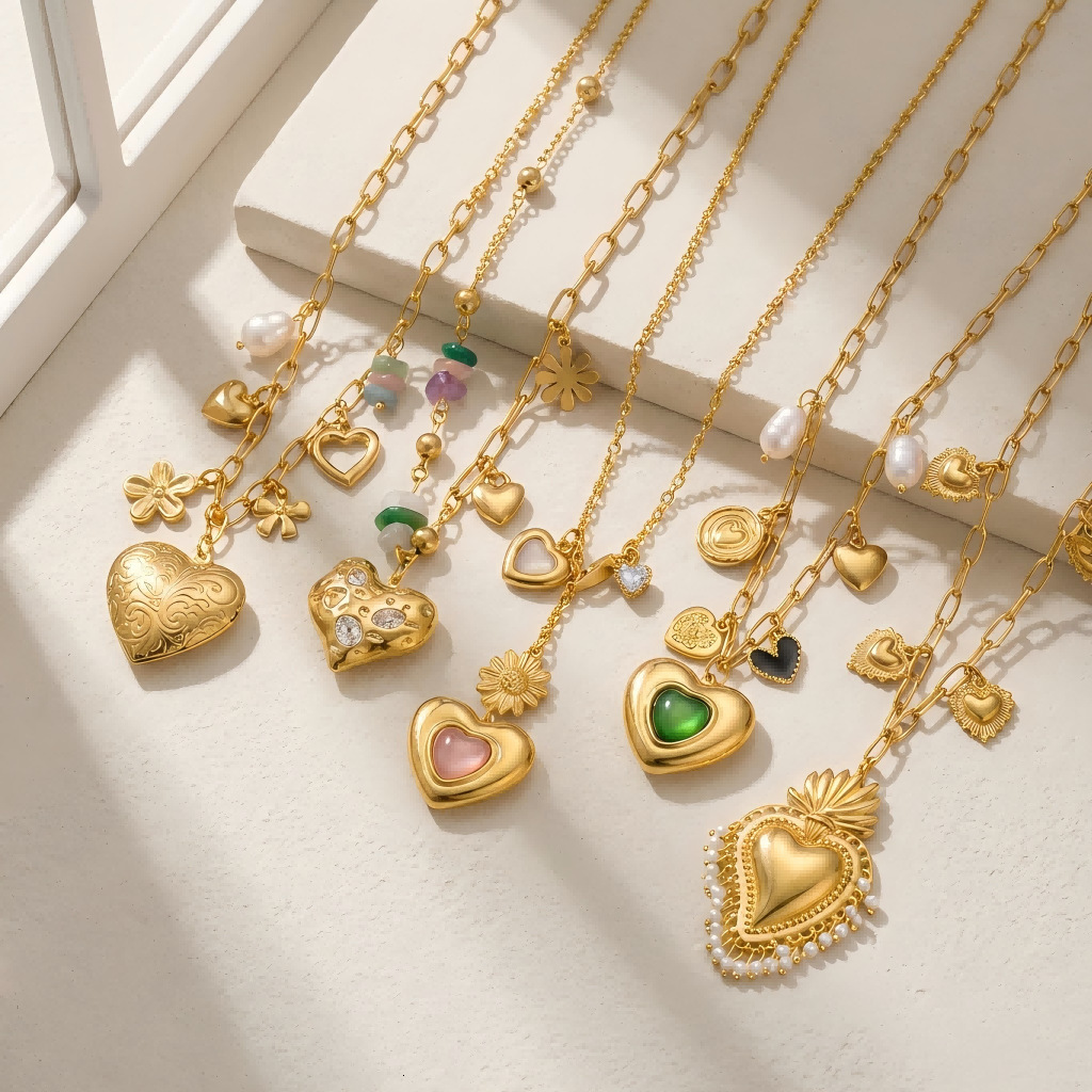 vintage light luxury titanium steel multi-element high-end 18K gold-plated diamond-studded multi-heart pendant chain necklace