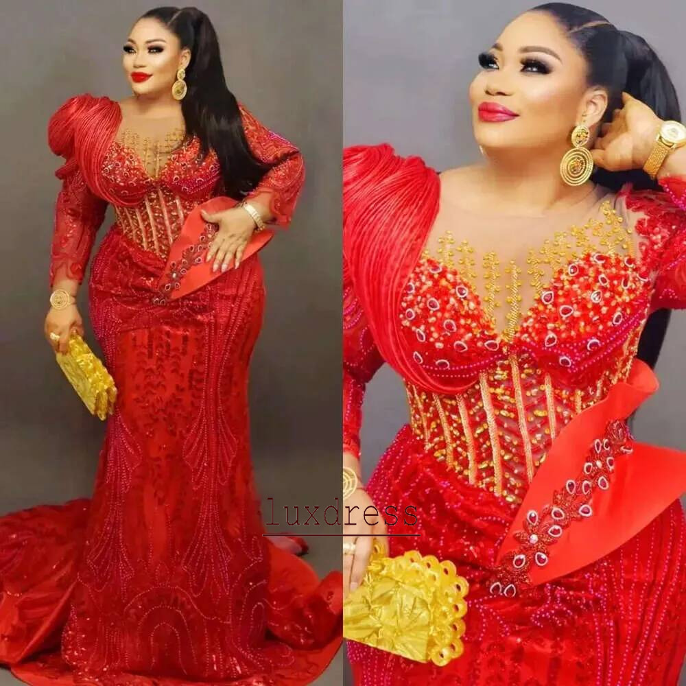Aso Ebi Red Mermaid Prom Dress Beaded Crystals Sheer Neck Stylish Evening Gowns For Black Women Birthday Party Formal Reception Dresses Lux