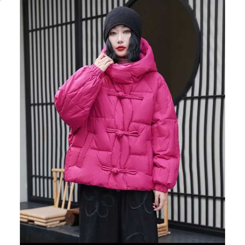 The New Winter Down Jacket for Women Short Hooded One with Ethnic Style Thick Buckles Made Retro White Duck Down Warm Loose Coat H260917