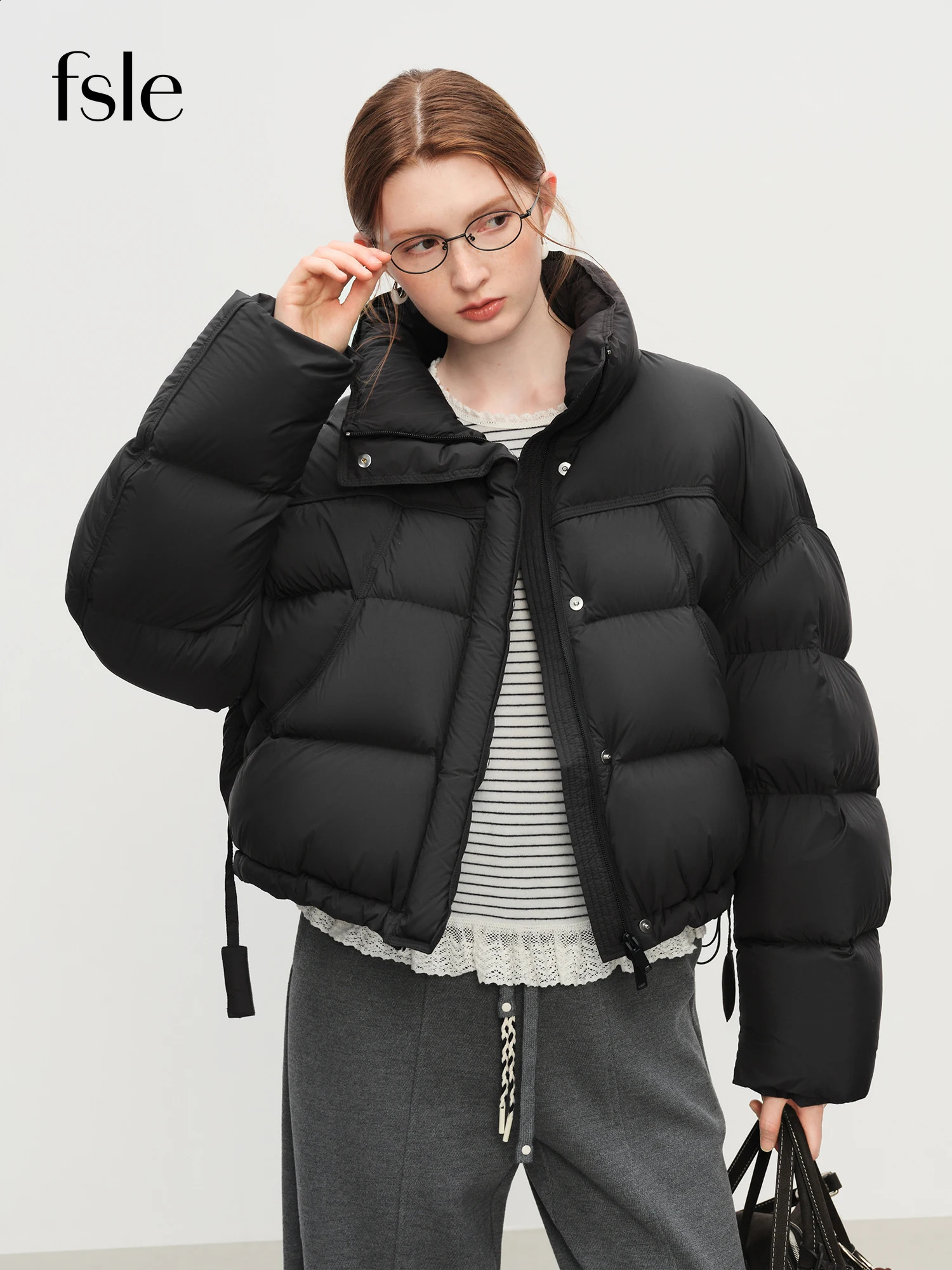 FSLE Winter Women Cloud-Like Puffer Coat - Stand Collar Short Down Jacket Lazy Chic Style Glossy Finish for Casual Comfort 260917