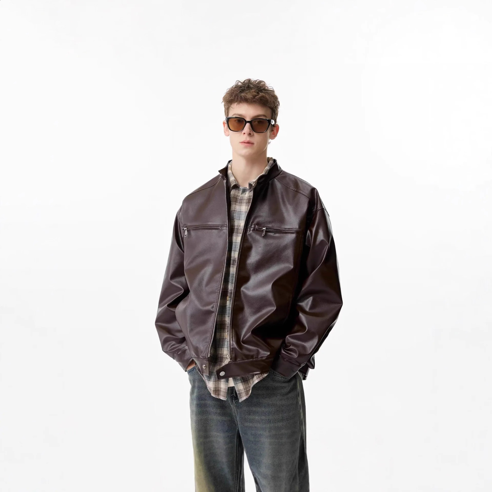 American Retro High-End Leather Jacket Men's Loose Large Size Trendy Stand Collar Motorcycle Leather Jacket Fashionable... 260917