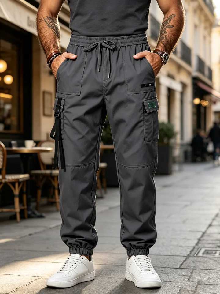 Men's Casual Cargo Pants Elastic Drawstring Jogger Pants w/ Multi-Pkt Strap Decor Tactical Cuff for Strt Outdoor Q260917