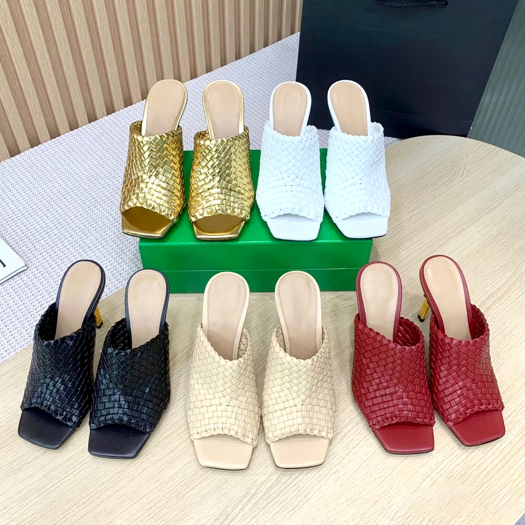 Women's Designer Luxury Woven Leather Mule Sandals Square Open Toe Slip On Slide Slippers Twisted Metal Knot Spool Kitten Heel Summer Vacation