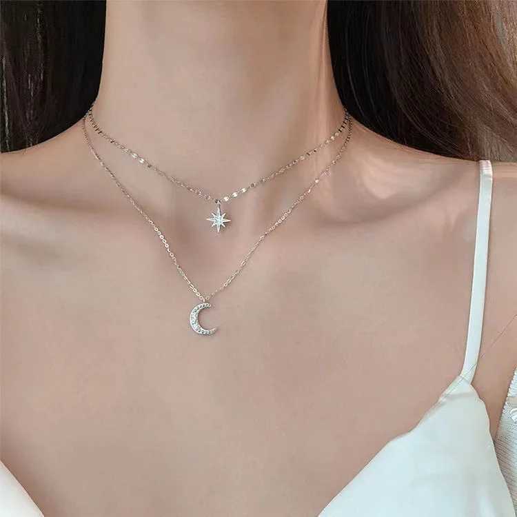Fashion Silver Color Double Layer Star Moon Necklace for Women Charm Delicate Zircon Choker Chain Jewelry Q260916
