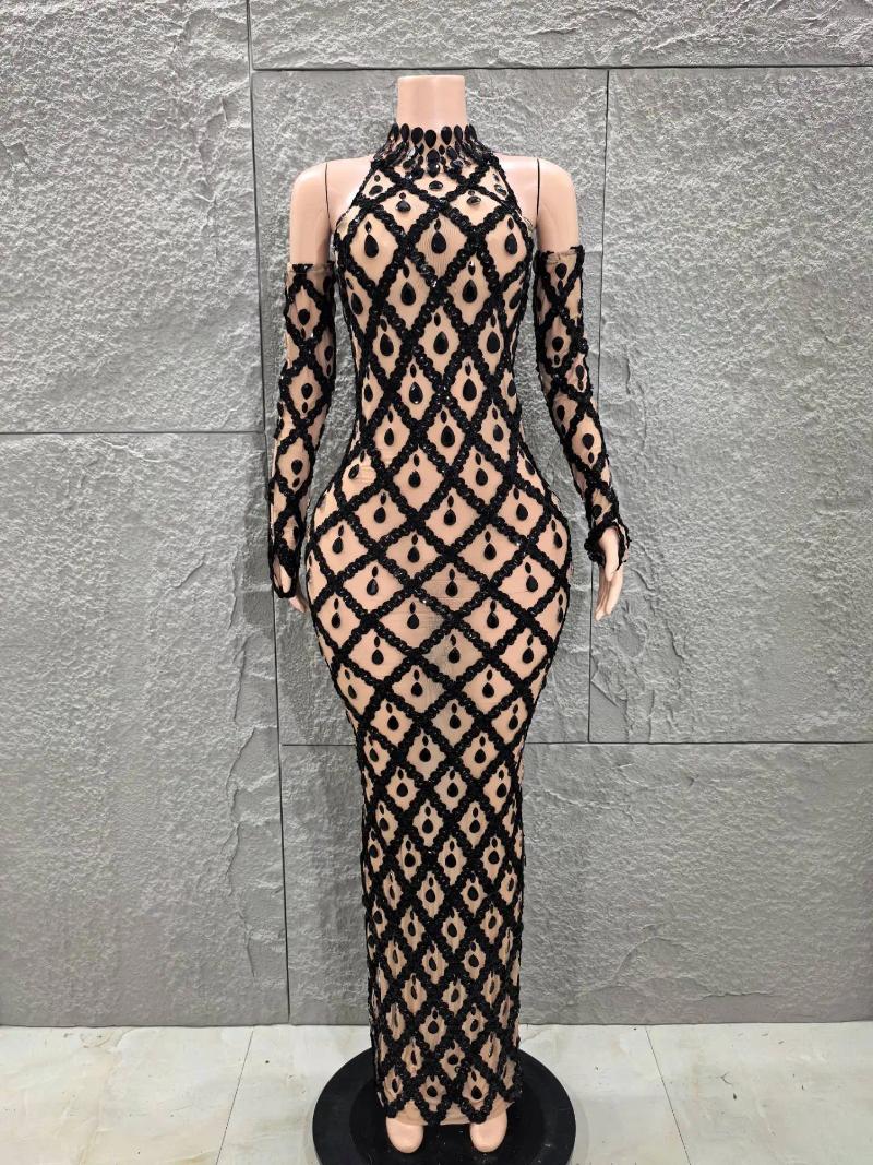 Women Shinning Black Crystal Mesh See Through Bodycon Long Dress Gloves Celebrate Evening Party Cocktail Outfit