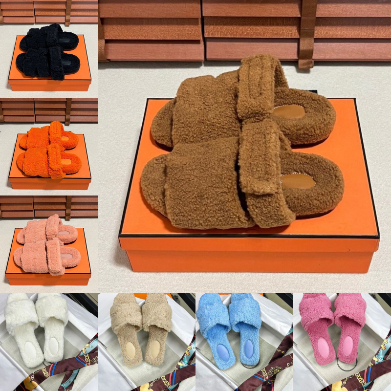 Womens Luxury Furry H Slides Designer Fluffy Fur Slippers Classic Wool Winter Sandal White Black Brown Khaki Blue Flat Ladies Slide Shoes Chypre Ski