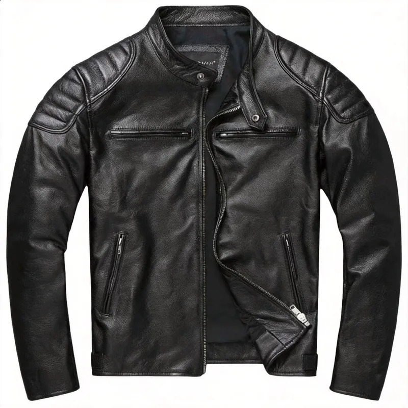 Men's Leather Look Biker Jacket Soft Washed Finish Stand Collar Zip Up Quilted Shoulders Spring Autumn Casual Outerwear 260917