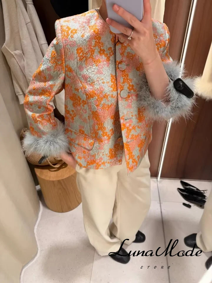 Women Elegant Floral Jacquard Jacket Faux Fur Cuff Patch Round Neck Single Buttons Cropped Coat 2026 Lady Casual Daily Outerwear 260917