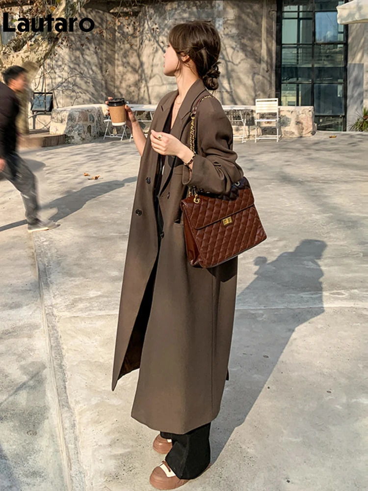 Lautaro Autumn Long Coffee Flowy Blazer Coat Women with Back High Slit Double Breasted Loose Casual Korean Fashion Overcoat 260917