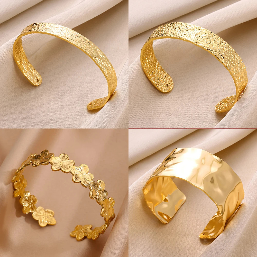 Stainless Steel Wide Bangles for Women y Gold Color Chunky Flower Cuff Bangle Bracelet femme Vintage Wedding Jewelry Gifts 260917