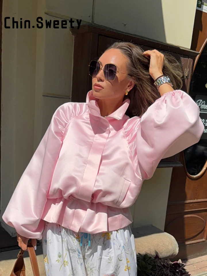 Shiny Women's Drawstring Solid Satin Jacket Loose Stand Collar Lantern Sleeve Waist Cinching Lace Up Coats 2026 Autumn Jackets 260917