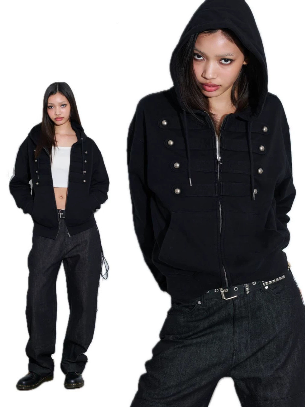 Cross-border, Instagram-inspired, personalized, solid-color, minimalist, casual button-and-zipper cardigan hoodie, punk high-street style, women