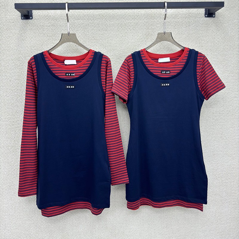 Luxury Women Casual Short Dress Striped Printed Crew Collar Two Piece Set Dresses Summer Autumn Preppy Style Vintage Pencil Dress