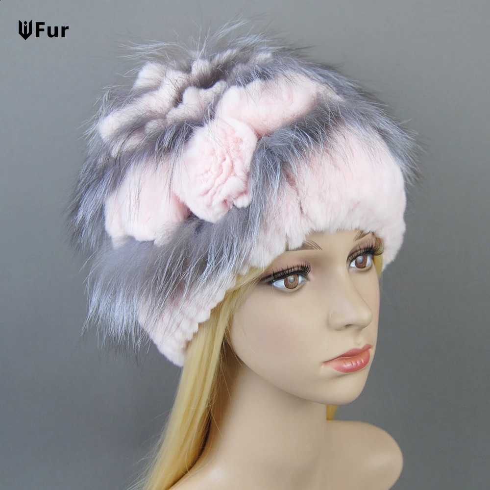 Winter Hat Women Warm Floral Rex Rabbit Fur Knitted Beanie Striped Classic Natural Fur Hats 260917