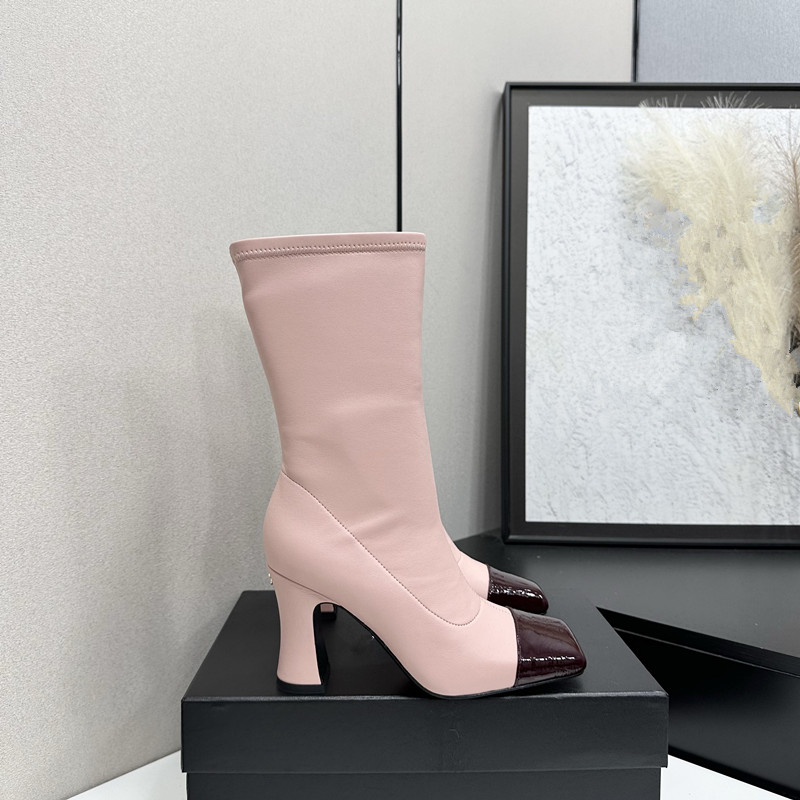 Women Color Spliced Ankle Boots Square Patent Toe Block Heel Stretch Leather Mid?Calf Boots Elegant Ladies Daily Party Short Boots