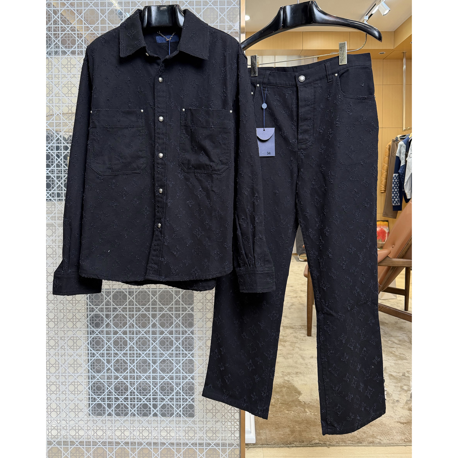 Luxury Designer Monogram Jacquard Denim Shirt Jacket And Pants, cowboy suit Loose Drop Shoulder Button Up Casual Outerwear for Men Women 5w42