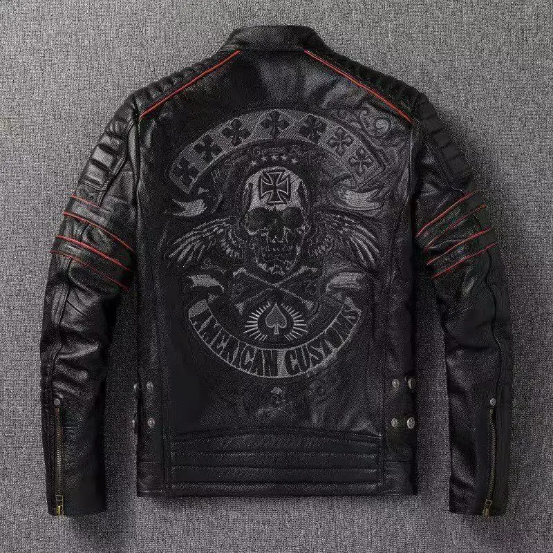 Skull Embroidery Men's First Layer Cowhide Leather Jacket Motorcycle Slim Oversize Coat 260917
