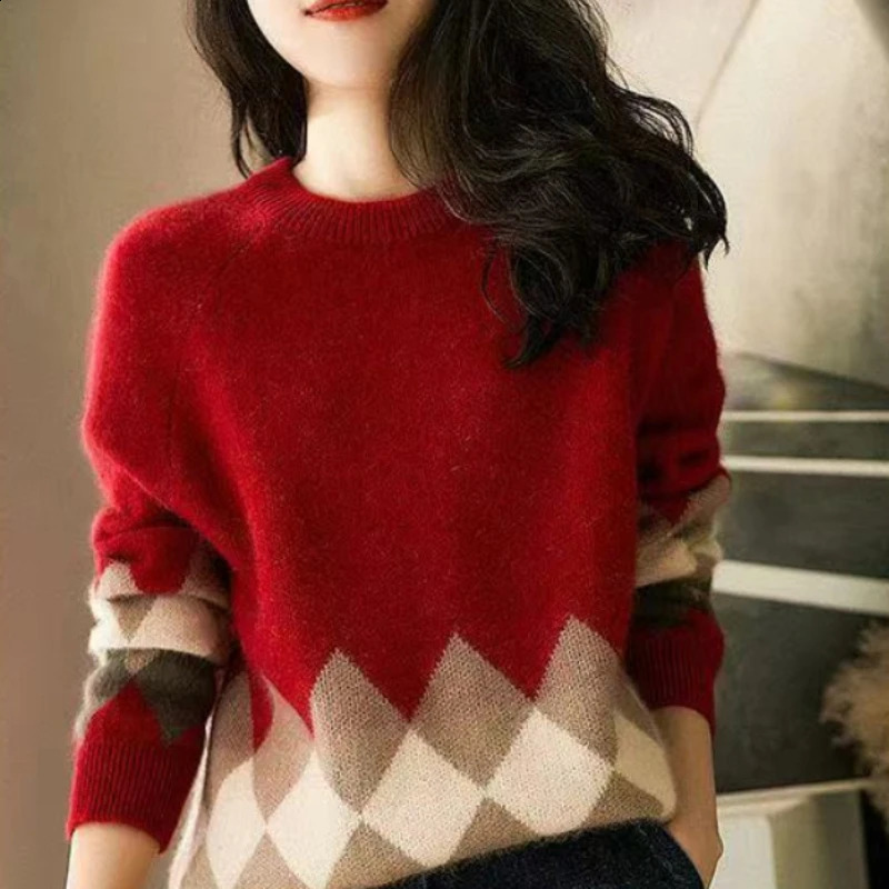 Women's Sweater Red Plaid Knit Tops for Woman Graphic Round O Neck Pullovers Jumper Winter Thermal Blouse Korean Style Clothes 260917