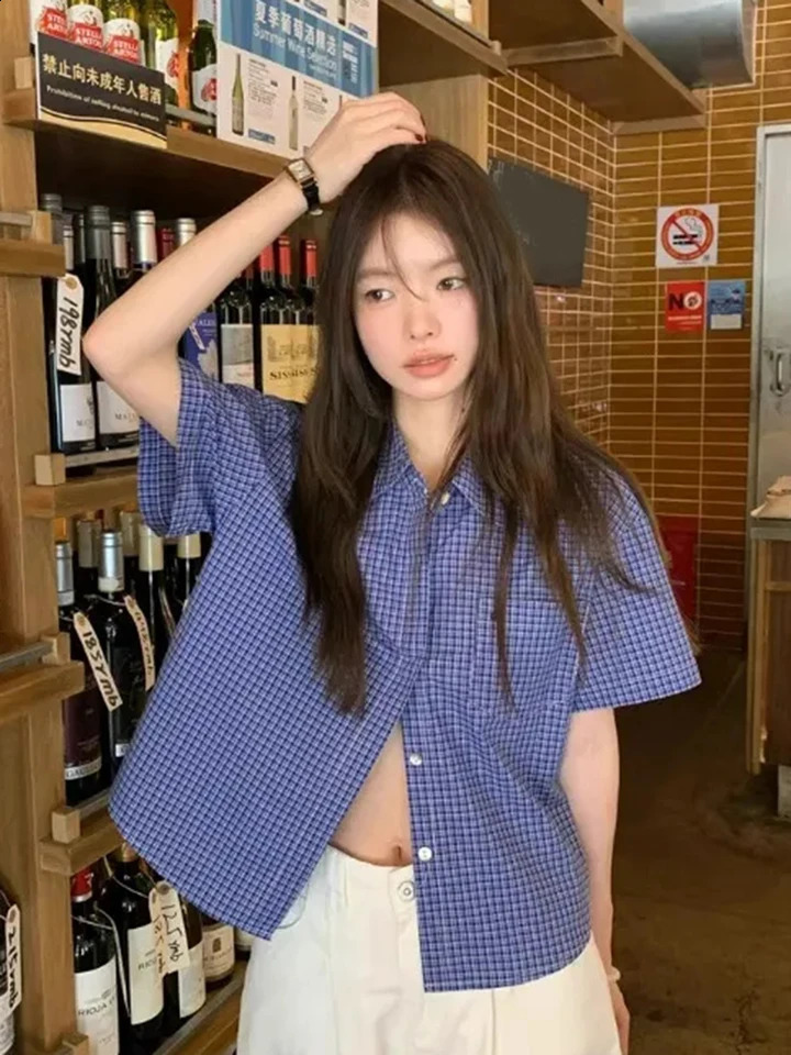 Vintage Blue Plaid Shirt Women Summer Streetwear Loose Blouse Japanese Retro Casual Pocket Female All Match Tops 260917