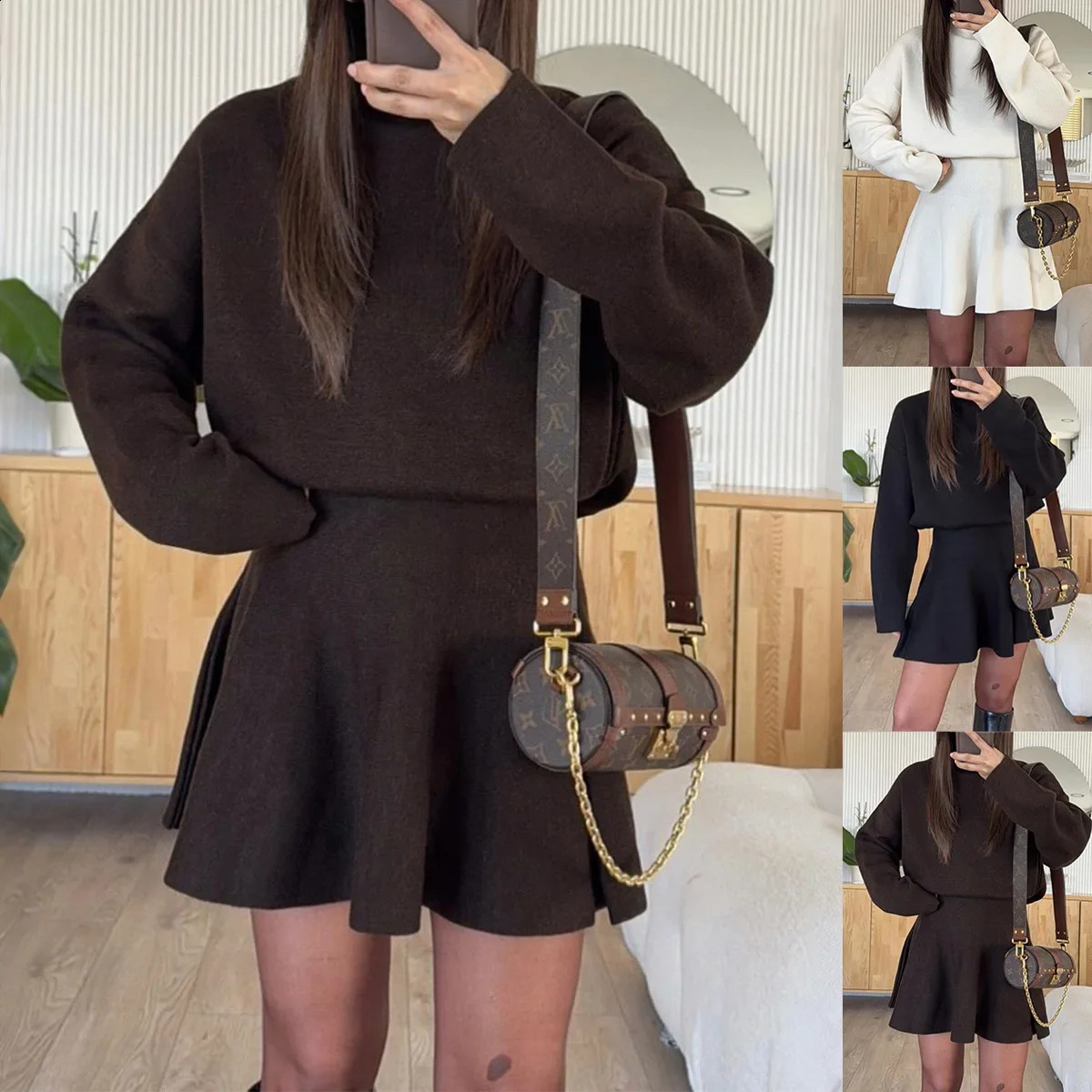 Knitted Two Pieces Sport Clothng Sets Women Fashion Long Sleeve Turtlenck Tops and Mini Skirts Suits 260917