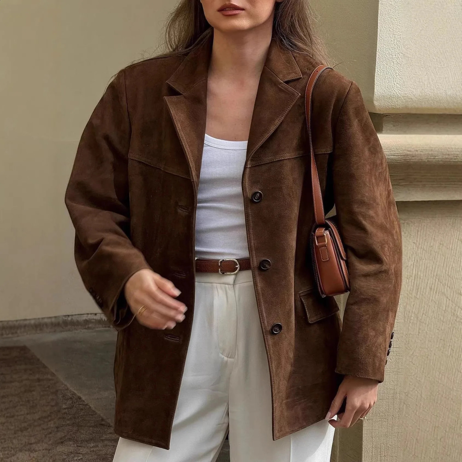 American Vintage Brown Suede Jacket Blazer Women | European Retro Faux Suede Coat Outerwear 260917