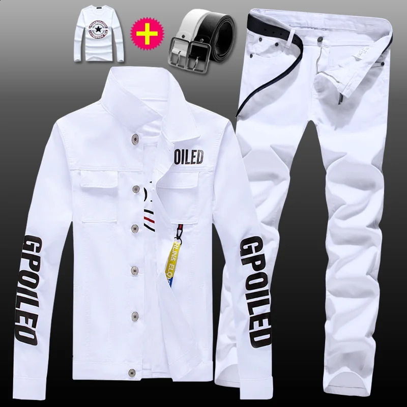 Mens Denim Jacket Jeans Pants Slim Fit 2pcs Set Boys Casual Letters Printed Coat Trousers with Pendant Candy Color 260918