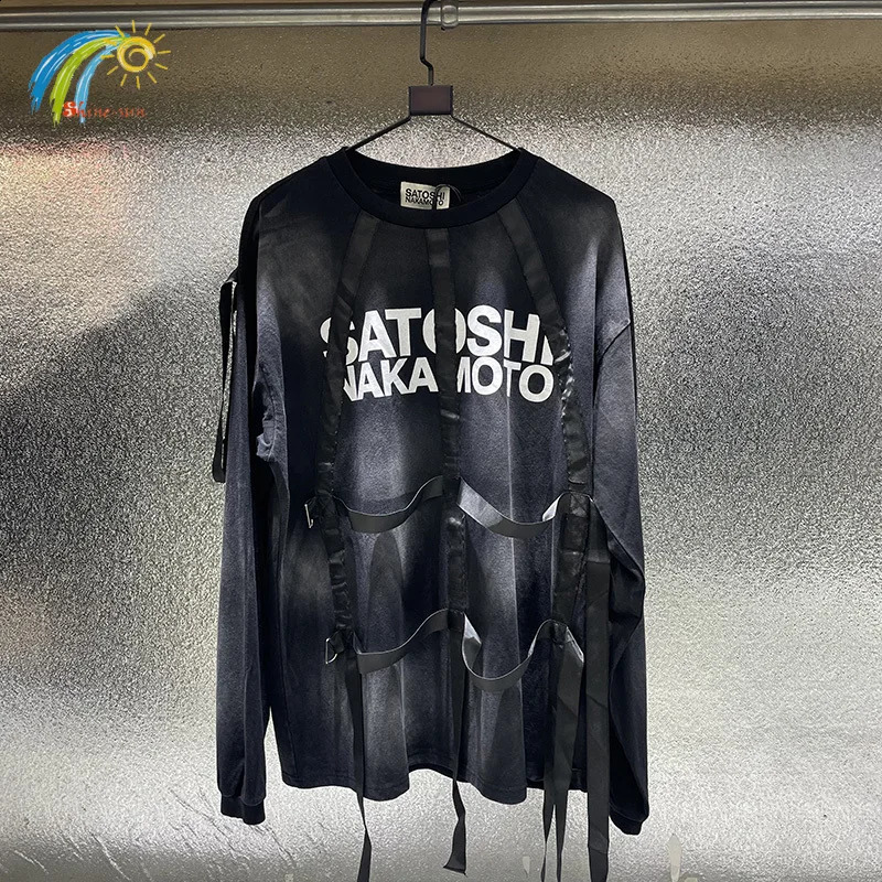 High Street Long Raw Ribbon Deconstructed Strap Satoshi Nakamoto Long Sleeve T Shirt Man Vintage Black Gothic TShirt Tops 260918