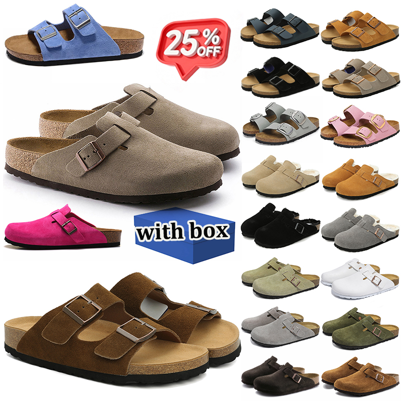 with box designer slippers men women clogs sandal suede leather mules daily wear footwear slides outdoor comfortable sandals taupe black brown