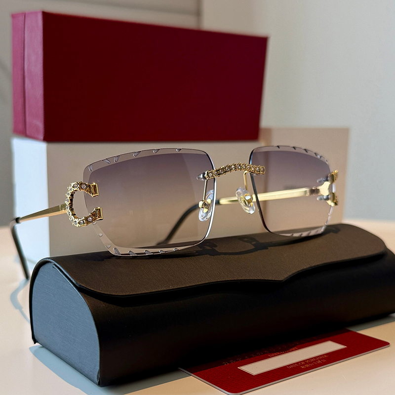 Square Rimless Edge Diamond Cutting Sunglasses CT00608 Designer Big C Brand Luxury Shades for Men Women Gradient Lens Rhinestone Decor Metal Temples