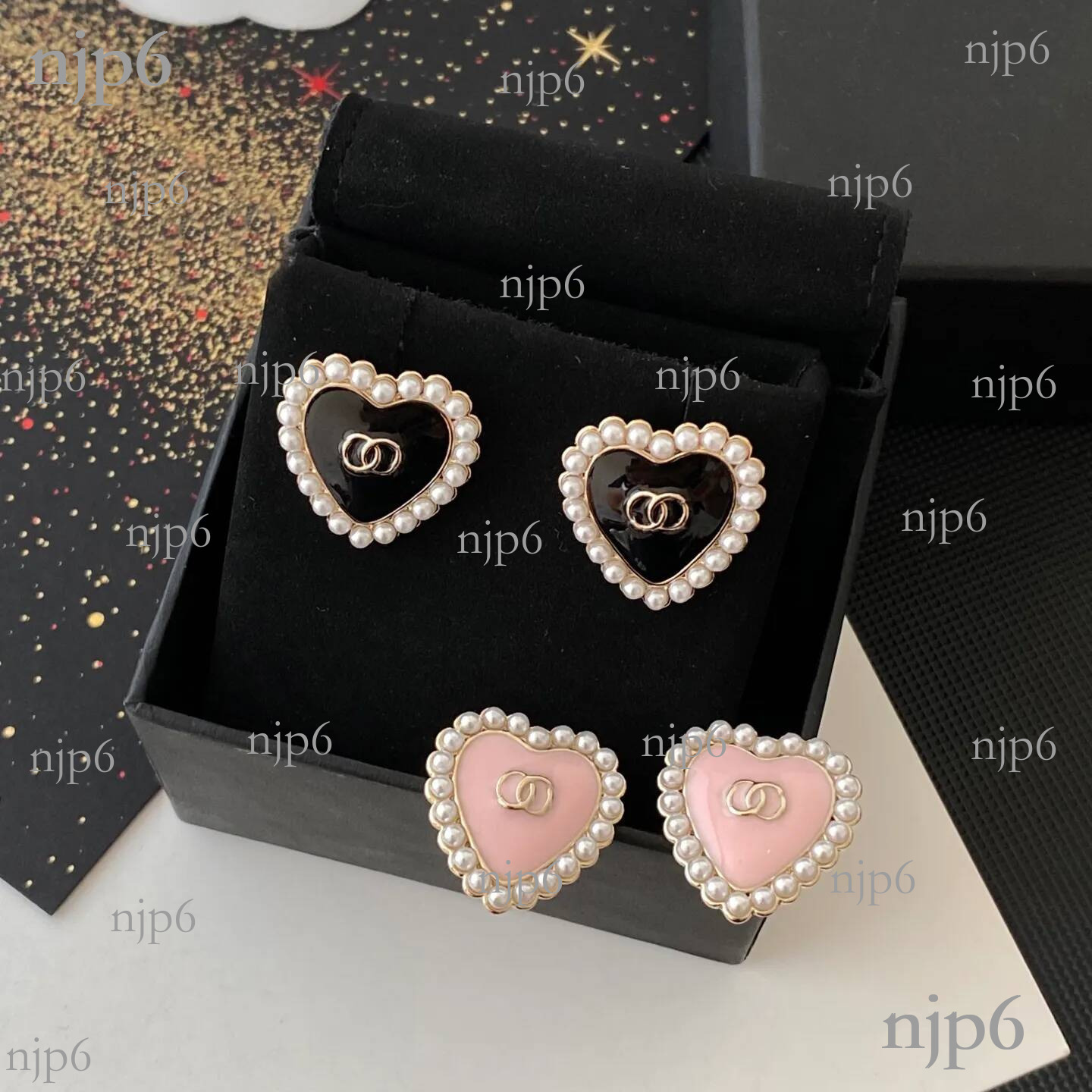 Gold Toned Black Heart Stud Earrings With Pearl Halo Enamel Accents Delicate Daily Elegant Jewelry Gift For Her High Quality And Stylish Accessory