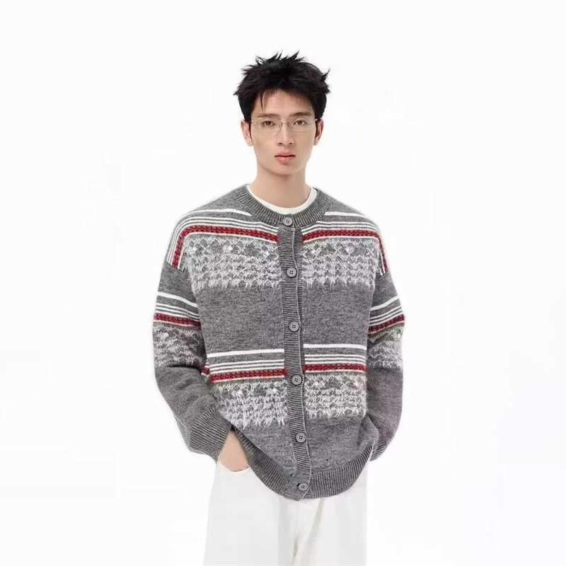 Winter Retro Ethnic Jacquard Button-up Cardigan Sweaters For Men Casual Striped Fluffy Knitted Jackets Y2K Streetwear Cardigans S260918S37G