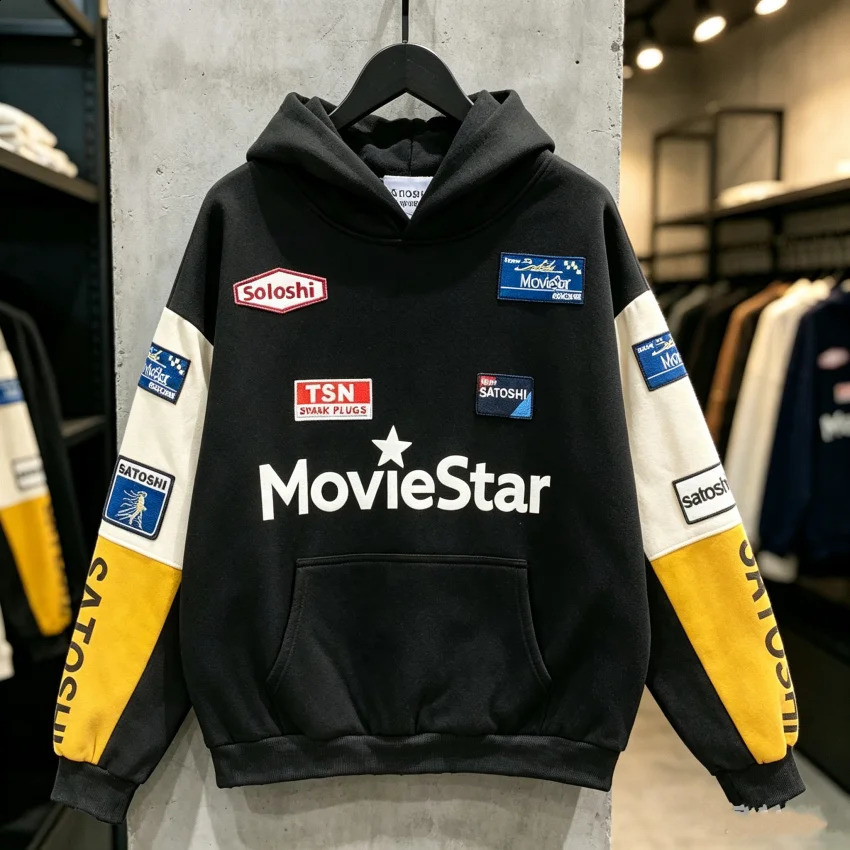 Vintage SATOSHI Hoodie Men Women Puff Print Sweatshirts Embroidered Letter Badge Color Blocked Oversize Pullovers Hooded 260918