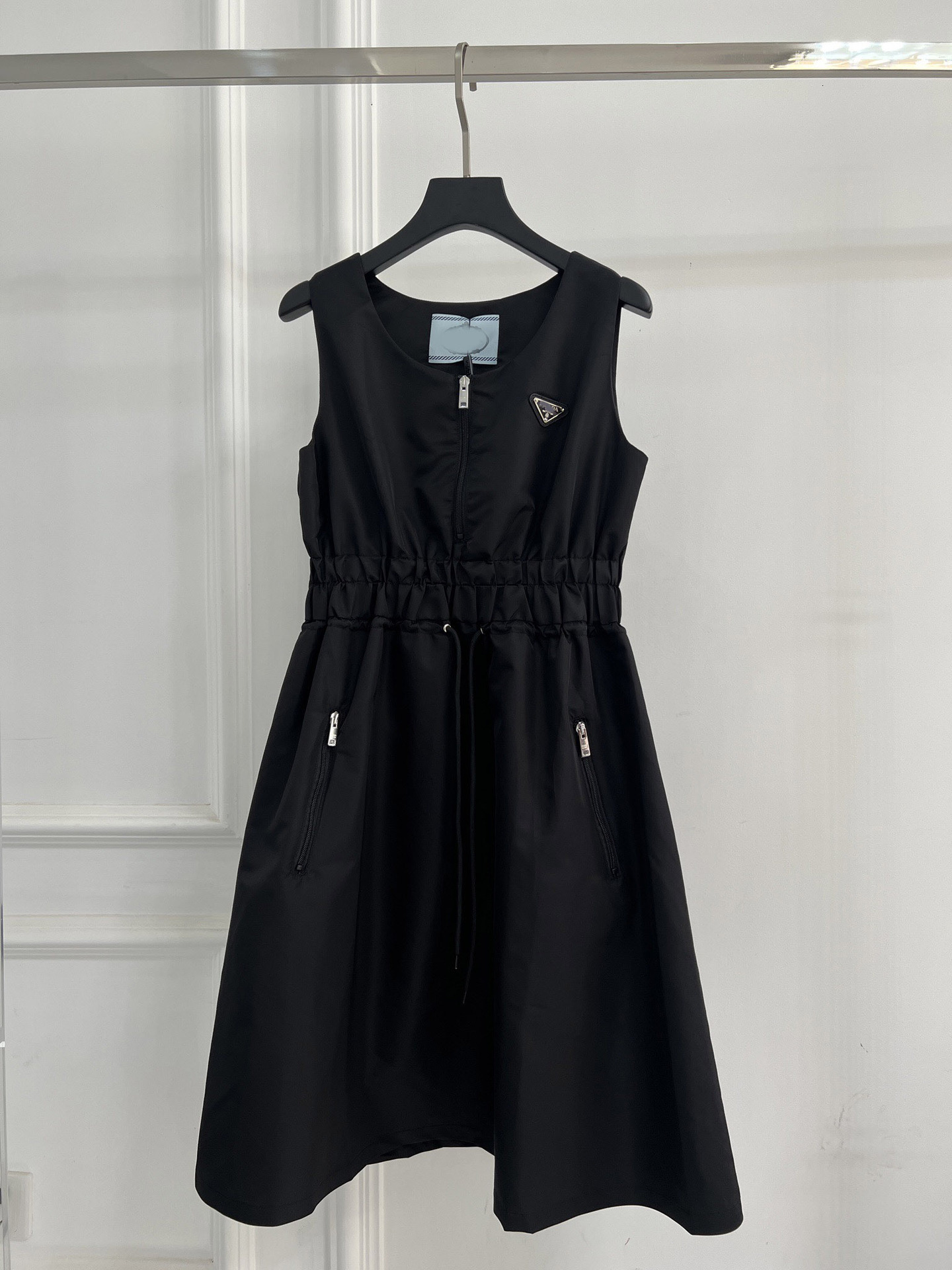 2026 Summer New Black Sleeveless Tank for Women, Casual Fashionable Dress with Triangle Logo and Zipper Design