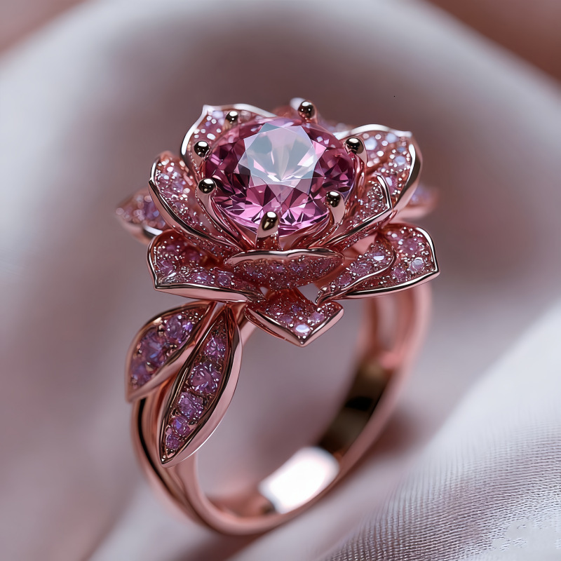 2026 New Rose Gold And Pink Diamond Ring Featuring A Three-Dimensional Rose Design A Luxurious Full-Diamond Ring And A High-End Hand Accessory