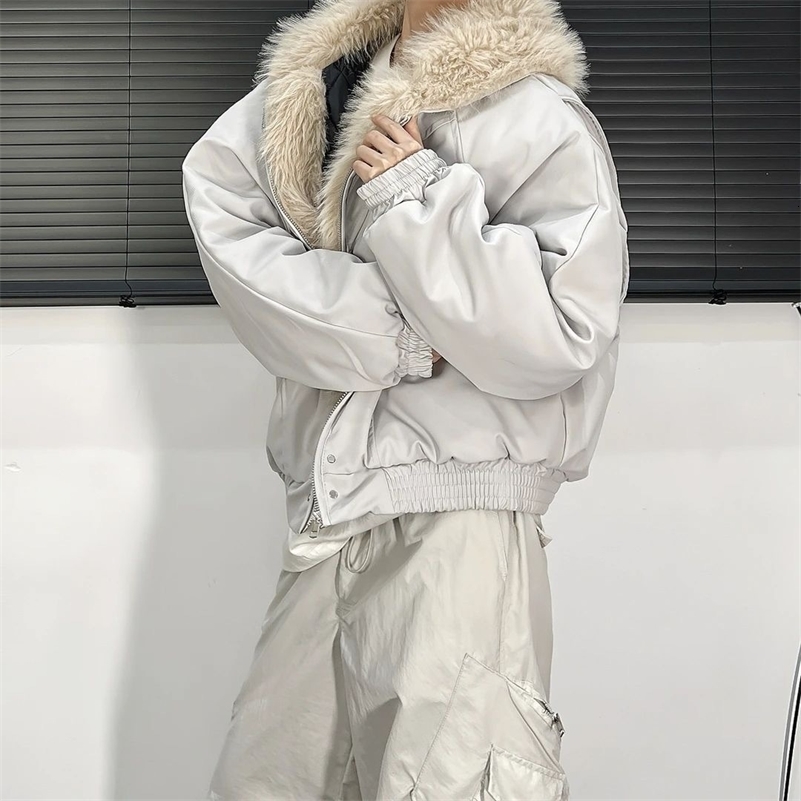 High Street Trendy Y2K Streetwear Parkas Punk Harajuku Retro Fur Collar Bomber Jacket Men Hiphop Loose Casual Warm Coat 260917