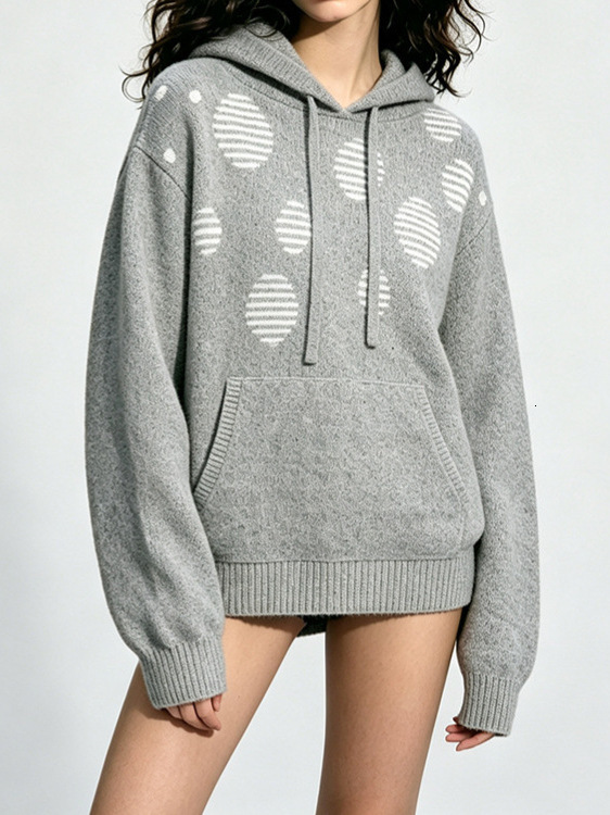 2026 gray striped polka dot hooded loose-fit pullover sweater, soft and comfortable casual knit sweater for women, autumn/winter collection 85