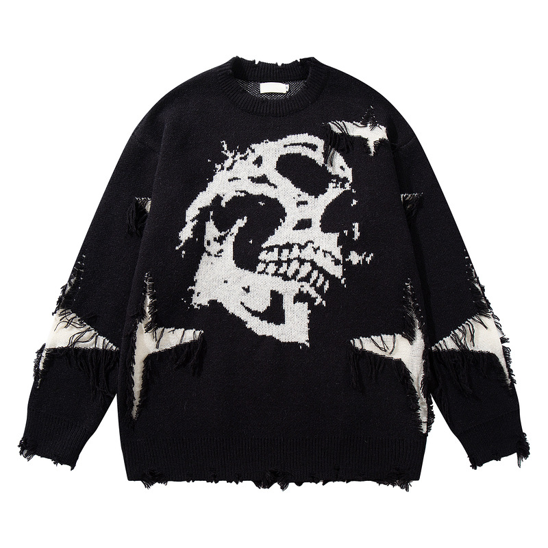 Men's New Hip Hop Skull Pattern Knitted Sweater, Distressed Cut-Out Thick Pullover, Trendy Casual Streetwear