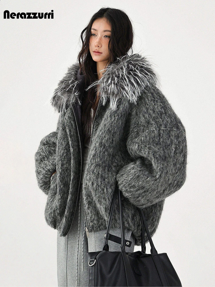 Nerazzur Autumn Winter Warm Grey Oversized Quilted Wool Blends Coat for Women with Faux Fur Trim Hood Loose Casual Woolen 260910
