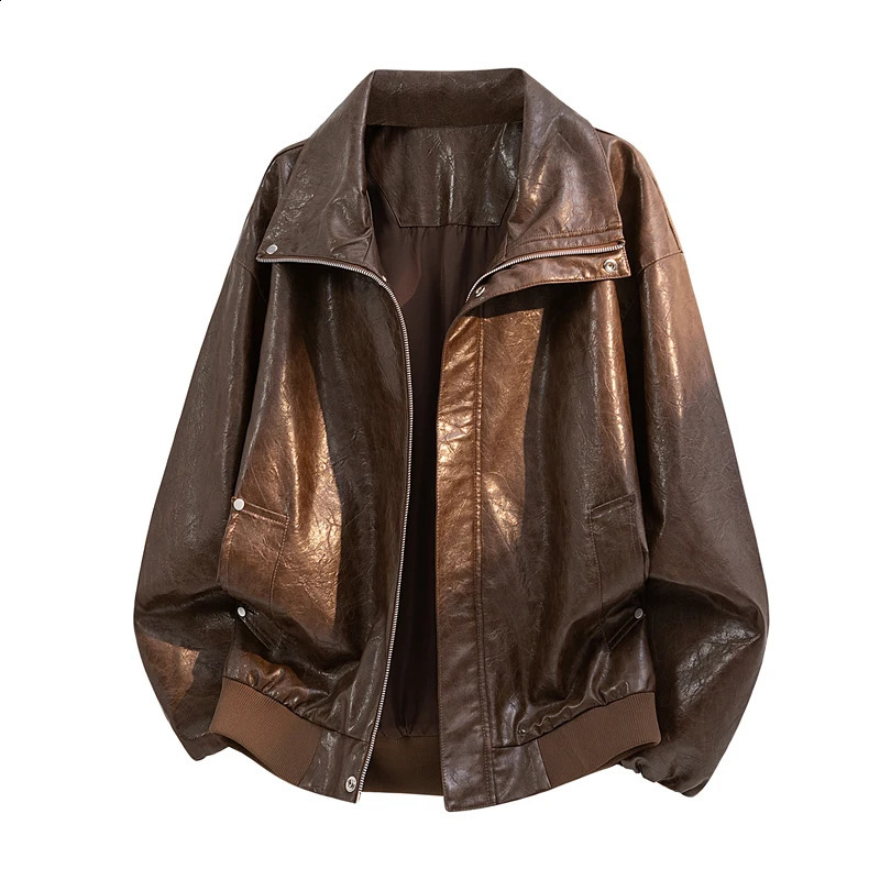 Men Spring and Autumn Light y Fashion Collar Leather Jacket Men's Casual Leather Coat Trendy Loose Versatile Jacket 260917